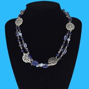 Blue Beaded Necklace Earrings Set Silver Tone Filigree Stations Adjustable
